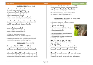 Página 52
Cesar Díaz Tiza VARIOS Cancionero - Alabanza
MANDA EL FUEGO (Marcos Witt)
C F C G
Oh Dios del fuego limpiador, mándalo
C F C Am G C
Aquel poder consumidor, manda el fuego hoy
C F C G
Dios de Elías escúchanos, mándalo
C F C Am G C
en vida o muerte yo me doy, manda el fuego hoy.
G F C G F C
Que quemes toda iniquidad, que entren gloria, luz, verdad
Am G C F G C
que haya en mi revolución, manda el Fuego hoy.
G C G C
Manda el fuego, manda el fuego
G Am F G C
Manda el fuego, manda el fuego hoy.
Tu fuego hoy rogamos ver, mándalo
Que llene todo nuestro ser, manda el fuego hoy.
Con gracia para el mundo amar, con fuerza para conquistar
En santidad siempre andar, manda el fuego hoy.
DIVINO AMOR (Carlos Arzola)
G C D G C D Em D A D
Y me podre beneficiar, de la sangre que él vertió
D G D C G D G
por mí murió, le cause dolor, por mí quien a su muerte llevó
G D Am7 Em7 C G D
Divino amor no entiendo aún, que mi gran Dios murió por mí
G D Am7 Em7 C G D G
Divino amor no entiendo aún, que mi gran Dios murió por mí…
G C D G C D Em D A D
Encadenado estaba yo, atado en pecado y obscuridad
D G D C G D G
de Tu ojo salió un rayo fugaz, y mi noche iluminó.
Mis cadenas han caído ya, mi corazón hoy libre es
me levanté y Te seguí, y viviré solo por ti.
SI YO HABLARA LENGUAS (Yo soy amor – 2002)
E D
Si yo hablara en lenguas, humanas o angélicas,
A B E
y no tengo amor nada soy,
E D
Si yo tuviera ciencia y el don de profecía
A B E
Y no tengo amor nada soy.
Si yo diera mis bienes y alimentara pobres
Y no tengo amor nada soy
Si entregara todo mi cuerpo como ofrenda
Y no tengo amor nada soy.
F#m E A C#m B F#m E A C#m B
Por tu gran amor, Puedo yo entrar
F#m E A C#m B
Y al estar aquí,
E D9 A E D
Te cantare, oh mi Dios, pues tu amor. (Es benigno)
E D9 A E D
Proclamare, oh Señor, que tu amor. (Todo lo sufre)
F# E9 B F# E
Te cantare, oh mi Dios, pues tu amor....( no tiene envidia)
F# E9 B F# E
Proclamare, oh Señor, que tu amor....( no se envanece)
 