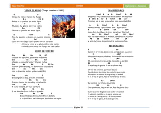 Página 55
Cesar Díaz Tiza VARIOS Cancionero - Alabanza
VENGA TU REINO (Venga tu reino – 2003)
G D
Venga tu reino manda tu fuego
E m C9 D
Aviva a tu pueblo en este lugar
G D
Muestra tu gloria abre los cielos
Em C9
Llena a tu pueblo en este lugar.
D Em7 C
Pon tu pasión y deseo en nuestro interior
D Em7 F
Que sea un fuego que quema en el corazón.
Afirma tu reino y tu gloria sobre esta nación
Enciende esta tierra con fuego del cielo señor.
QUIEN ES COMO TU
Cm Ab Bb G G7
Dios de los ejércitos, poderoso en batalla
Cm Ab Bb Cm
¿Quién es como tú Señor? El gran Yo Soy
Cm Ab Bb G G7 Cm
Grande y temible rey, tu dominio no se acabará
Cm Ab Bb Cm
con tu brazo de poder, gobernarás (Bis)
Cm Ab F
Eres el gran yo Soy, eres mi protector
Bb G Cm
Eres mi fuerza, mi escudo y mi salvación
Cm Ab F
Y yo no temeré, en ti yo confiaré
Bb G Cm
Y me levantaré con tu fuerza y poder.
Cm Ab Bb G
Eres el todopoderoso, temible en batalla
Y tu justicia es para siempre, por todos los siglos.
MAGNIFICO REY
C#m7 B A B C#m7 B A9
Magnifico rey, fuerte Dios reinas señor en majestad
B C#m B A9 B C#m7 B9 A9
Príncipe de la paz, eres señor con autoridad (Bis)
A B C#m7 A B C#m7
Hemos venido a proclamar, eres digno Jesús
A B C#m7 D# G#7
pues diste tu vida en la cruz, para traer libertad,
A9 B9 C#m7 A9 B9 C#m7
Nos has libertado de la maldad, cántanos de tu amor
A9 B9 C#m7 D# G#
y ante tu trono de santidad, te adoramos hoy.
REY DE GLORIA
E A9
Quien es el rey de gloria?, me persigue con su amor
E AMj7
Me asombran sus palabras, Susurrando en mi interior
A2 C#m
Mi conciencia me recuerda, necesito su perdón
B9 A9 E
El es el rey de gloria, El me lo ofrece hoy.
OH rey del universo, y príncipe de paz
Revelándome los cielos, los misterios que me da
Mi espíritu lo anhela, de su gracia y su verdad
El es el rey de gloria, hijo de hombre hijo de Dios.
A2 C#m7
Su nombre es: Cristo, Jesucristo
B9 A9 E
Dios poderoso, rey de mi ser, Rey de gloria (Bis)
Quien es el rey de gloria?, de poder y majestad
El sabio sin medida, es el rey de amor y paz
El señor de Cielo y tierra, y el único creador
El es el rey de gloria, El es todo para mí.
 