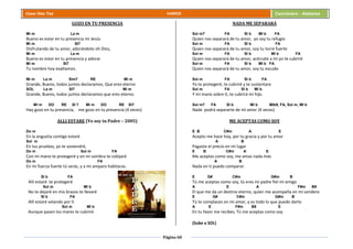Página 60
Cesar Díaz Tiza VARIOS Cancionero - Alabanza
GOZO EN TU PRESENCIA
Mi m La m
Bueno es estar en tu presencia mi Jesús
Mi m SI7
Disfrutando de tu amor, adorándote oh Dios,
Mi m La m
Bueno es estar en tu presencia y adorar
Mi m SI7
Tu nombre hoy exaltamos.
Mi m La m Sim7 RE Mi m
Grande, Bueno, todos juntos declaramos, Que eres eterno
SOL La m SI7 Mi m
Grande, Bueno, todos juntos declaramos que eres eterno.
Mi m DO RE SI 7 Mi m DO RE SI7
Hay gozo en tu presencia, me gozo en tu presencia (4 veces)
ALLI ESTARE (Yo soy tu Padre – 2005)
Do m
En la angustia contigo estaré
Sol m
En tus pruebas, yo te sostendré,
Do m Sol m FA
Con mi mano te protegeré y en mi sombra te cobijaré
Do m FA
En mi fuerza fuerte tú serás, y a mi amparo habitaras.
SI b FA
Allí estaré te protegeré
Sol m MI b
No te dejaré en mis brazos te llevaré
SI b FA
Allí estaré velando por ti
Sol m MI b
Aunque pasen los mares te cubriré.
NADA ME SEPARARÁ
Sol m7 FA SI b MI b FA
Quien nos separará de tu amor, yo soy tu refugio
Sol m FA SI b FA
Quien nos separará de tu amor, soy tu torre fuerte
Sol m FA SI b MI b FA
Quien nos separará de tu amor, acércate a mi yo te cubriré
Sol m FA SI b MI b FA
Quien nos separará de tu amor, soy tu escudo
Sol m FA SI b FA
Yo te protegeré, te cubriré y te sustentare
Sol m FA SI b MI b
Y mi mano sobre ti, te cubrirá mi hijo.
Sol m7 FA SI b MI b MIb9, FA, Sol m, MI b
Nada podrá separarte de mi amor (4 veces)
ME ACEPTAS COMO SOY
E B C#m A E
Acepto me hace hoy, por tu gracia y por tu amor
A B
Pagaste el precio en mi lugar
E B C#m A E
Me aceptas como soy, me amas nada más
A B
Nada en ti puedo comparar.
E G# C#m G#m B
Tú me aceptas como soy, tú eres mi padre fiel mi amigo
A E A F#m B9
El que me da un destino eterno, quien me acompaña en mi sendero
E G# C#m G#m B
Tú te complaces en mi amor, y es todo lo que puedo darte
A E F#m B9 E
En tu favor me recibes, Tú me aceptas como soy.
(Sube a SOL)
 