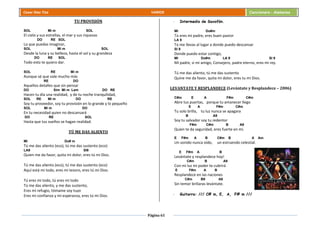 Página 61
Cesar Díaz Tiza VARIOS Cancionero - Alabanza
TU PROVISIÓN
SOL Mi m SOL
El cielo y sus estrellas, el mar y sus riquezas
DO RE SOL
Lo que puedas imaginar,
SOL Mi m SOL
Desde la luna y su belleza, hasta el sol y su grandeza
DO RE SOL
Todo esto te quiero dar.
SOL RE Mi m
Aunque sé que vale mucho más
RE DO
Aquellos detalles que sin pensar
DO Sim Mi m Lam DO RE
Hacen tu día una realidad, y de tu noche tranquilidad,
SOL RE Mi m DO RE
Soy tu proveedor, soy tu provisión en lo grande y lo pequeño
SOL Mi m DO
En tu necesidad quien no descansará
DO RE SOL
Hasta que tus sueños se hagan realidad.
TÚ ME DAS ALIENTO
MI Do# m
Tú me das aliento (eco), tú me das sustento (eco)
LA9 SI9
Quien me da favor, quita mi dolor, eres tú mi Dios.
Tú me das aliento (eco), tú me das sustento (eco)
Aquí está mi todo, eres mi tesoro, eres tú mi Dios.
Tú eres mi todo, tú eres mi todo
Tú me das aliento, y me das sustento,
Eres mi refugio, tómame soy tuyo
Eres mi confianza y mi esperanza, eres tú mi Dios.
- Intermedio de Saxofón.
MI Do#m
Tú eres mi padre, eres buen pastor
LA 9
Tú me llevas al lugar a donde puedo descansar
SI 9
Donde puedo estar contigo,
MI Do#m LA 9 SI 9
Mi padre, si mi amigo, Consejero, padre eterno, eres mi rey.
Tú me das aliento, tú me das sustento
Quine me da favor, quita mi dolor, eres tu mi Dios.
LEVANTATE Y RESPLANDECE (Levántate y Resplandece – 2006)
C#m E A F#m C#m
Abre tus puertas, porque tu amanecer llego
E A F#m C#m
Tu solo brilla, tu luz nunca se apagara
B A9
Soy tu salvador soy tu redentor
F#m C#m B A9
Quien te da seguridad, eres fuerte en mí.
E F#m A B C#m B A Am
Un sonido nunca oído, un estruendo celestial.
E F#m A B
Levántate y resplandece hoy!
C#m B A9
Con mi luz mi poder te cubrirá
E F#m A B
Resplandece en las naciones
C#m B9 A9
Sin temor brillaras levántate.
- Guitarra: /// C# m, E, A, F# m ///
 