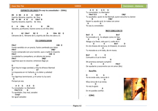 Página 62
Cesar Díaz Tiza VARIOS Cancionero - Alabanza
ESPIRITU DE DIOS (Yo soy tu consolador – 2006)
B9 A B9 A B A C#m7 B
Espíritu lléname, espíritu de Dios
B9 A B9 A B A C#m7 B
Espíritu tócame, espíritu de Dios.
E A C#m B E B D9
Sáciame, purifícame, hazme como tu oh Dios (Bis)
E A2 C#m7 B2 E A C#m B2 E
Lléname de ti, lléname de ti, espíritu de Dios me abro a ti.
TU CONSOLADOR
F#m7 C#9 D
Fuiste vendido sin un precio, fuiste cambiado por dolor
F#m7 DMj7
Fuiste comprado con una traición, que a nadie le importo
F#m7 C#9 D
La soledad tu compañera, un abismo de temor
F#m7 DMj7
Lagrimas que no cesaron, entonces llego yo
D E7
Que hoy te traigo sanidad, y hoy te ofrezco libertad
D E7
La respuesta en mi hallarás, a tu dolor y soledad
D E
Tus lágrimas terminarán, y mi amor tu luz será
G
Porque yo soy.
A D G A D G
Tu consolador, tu libertador
F#m7 E D B
Tu ayudador, Soy real, sanador
Cmaj7
Sin igual salvador.
A D G A D G
Tu consolador, tu libertador
F#m7 E D B CMj7
Tu ayudador, quien te da libertad, quien escucha tu clamor
B CMj7
Quien tu ayuda será, te rodea con amor
A D
Yo soy tu consolador.
MUY CERCA DE TI
Bm7 D E Bm7
Fui enviado a ti, te adopte como mi hijo
D E Bm7
Abogo a tu favor, velo por ti, cuido de ti
D E Bm7 D
En mis brazos de ternura, te limpiare, te sanare
E
Tu morada es a mi lado, de mi mano.
Bm7 D E
Consuelo a ti yo te daré
G
Mi promesa siempre cumpliré
D A F#m7
De ayudarte y socorrerte con mi amor (Bis)
- Saxofón.
G D A
Ya no estás solo, cerca de ti
G
Muy cerca de ti yo estoy
D
Yo soy tu gozo
E
En mi puedes confiar.
- CORO.
 