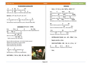Página 64
Cesar Díaz Tiza VARIOS Cancionero - Alabanza
TE RENDIMOS ADORACIÓN
A D Bm G D E
Santo, oh, oh, digno, Cordero de Dios
A D Bm G D E
Santo, oh, oh, digno, te rendimos adoración (Bis)
Guitarra: // F, G, F, G, F, G, A //
F G F G
A ti sea la gloria por los siglos, hoy postrados a tus pies
F G A
Derramamos nuestro perfume, para ti, Rey de Reyes (Bis)
AVIVANOS (Avívanos – 2008)
E m F# m G D Em F#m
Que tu reino se establezca en mí, Que en mi vida resplandezcas tú
Em F#m G A
Abro mi corazón a tu voluntad
Em F#m G
Abre los cielos Dios, Haz llover
Em F#m G
Sobre nosotros hoy, Haz llover.
Que tu obra se avive aquí, en la tierra hazla conocer
Déjanos ver tus obras y tu gran poder
Abre los cielos Dios, Haz llover
Sobre nosotros hoy, Haz llover.
G C
Avívanos, tu gloria anhelamos ver
G E m C
Restáuranos, tu rostro haz resplandecer.
GUITARRA: // Mi m, SOL, RE, SOL, RE //
HOSSANA
- Intro: //// Si m, LA6, Fa# m, SOL9 ////
B m A F#m7 G9
Levantamos un clamor, por sanidad y redención;
B m A6 F#m7 Gadd9
Muéstranos lo que tú ves, los secretos de Tu corazón.
B m A F#m7 G9
Un pueblo unido pide hoy, tu libertad y salvación;
B m A6 F#m7 Gadd9
Armamos con tu valor, lo que deseamos es revolución.
G9 A G9
Que el cielo se parta en dos, inúndanos
A6 B m
Que en el desierto broten ríos, vida sopla hoy.
B m D9 Em7
Hossana al Rey de Salvación, Hossana al Dios Altísimo
G 9 A B m
Hossana, Jesucristo, Jesucristo es Rey.
- INTERLUDIO PIANO: A6 - G9 - F#m7 – B m
- Repite estrofa y Coro.
- SOLO GUITARRA: /G9, A6, G, A, B m, A/
G A9 G A Bm A
Hosanna, Hosanna, hosanna al rey (4 Veces)
- Coro.
 