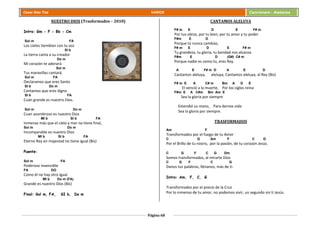 Página 68
Cesar Díaz Tiza VARIOS Cancionero - Alabanza
NUESTRO DIOS (Trasformados – 2010)
Intro: Gm - F - Bb - Cm
Sol m FA
Los cielos tiemblan con tu voz
SI b
La tierra canta a su creador
Do m
Mi corazón te adorará
Sol m
Tus maravillas cantará.
Sol m FA
Declaramos que eres Santo
SI b Do m
Cantamos que eres digno
SI b FA
Cuán grande es nuestro Dios.
Sol m Do m
Cuan asombroso es nuestro Dios
MI b SI b FA
Inmenso más que el cielo y mar no tiene final,
Sol m Do m
Incomparable es nuestro Dios
MI b SI b FA
Eterno Rey en majestad no tiene igual (Bis)
Puente:
Sol m FA
Poderoso invencible
FA DO
Como él no hay otro igual
MI b Do m (FA)
Grande es nuestro Dios (Bis)
Final: Sol m, FA, SI b, Do m
CANTAMOS ALELUYA
F# m E D E F# m
Por tus obras, por tu bien, por tu amor y tu poder
F#m E D
Porque tú nunca cambias,
F# m E D E F# m
Tu grandeza, tu gloria, tu bondad nos alcanza
F#m E D (G#) C# m
Porque nadie es como tú, eres Rey.
A E F# m D A E D
Cantamos aleluya, aleluya, Cantamos aleluya, al Rey (Bis)
F# m E A C# m Bm A D E
El venció a la muerte, Por los siglos reina
F#m E A C#m Bm Am E
Sea la gloria por siempre
Extendió su mano, Para darnos vida
Sea la gloria por siempre.
TRASFORMADOS
Am F
Transformados por el fuego de tu Amor
C G Am F C G
Por el Brillo de tu rostro, por la pasión, de tu corazón Jesús.
C G F C G Dm
Somos transformados, al mirarte Dios
C G F C G
Danos tus palabras, llénanos, más de ti.
Intro: Am, F, C, G
Transformados por el precio de la Cruz
Por lo inmenso de tu amor, no podemos vivir, un segundo sin ti Jesús.
 