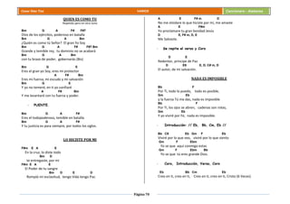 Página 70
Cesar Díaz Tiza VARIOS Cancionero - Alabanza
QUIEN ES COMO TU
Repetido pero en otro tono
Bm G A F# F#7
Dios de los ejércitos, poderoso en batalla
Bm G A Bm
¿Quién es como tú Señor? El gran Yo Soy
Bm G A F# F#7 Bm
Grande y temible rey, tu dominio no se acabará
Bm G A Bm
con tu brazo de poder, gobernarás (Bis)
Bm G E
Eres el gran yo Soy, eres mi protector
A F# Bm
Eres mi fuerza, mi escudo y mi salvación
Bm G E
Y yo no temeré, en ti yo confiaré
A F# Bm
Y me levantaré con tu fuerza y poder.
- PUENTE.
Bm G A F#
Eres el todopoderoso, temible en batalla
Bm G A F#
Y tu justicia es para siempre, por todos los siglos.
LO HICISTE POR MI
F#m E A E
En la cruz, lo diste todo
Bm D
te entregaste, por mi
F#m E A E
El Poder de tu sangre
Bm D E D
Rompió mi esclavitud, tengo Vida tengo Paz.
A E F# m D
No me olvidare lo que hiciste por mí, me amaste
A E F#m
Yo proclamare tu gran bondad Jesús
D E, F# m, D, E
Me Salvaste.
- Se repite el verso y Coro
D E
Redentor, príncipe de Paz
D E9 E, D, C# m, D
El autor, de mi salvación.
NADA ES IMPOSIBLE
Bb F
Por Ti, todo lo puedo, todo es posible,
Gm Eb
y la fuerza Tú me das, nada es imposible
Bb F
Por Ti, los ojos se abren, cadenas son rotas,
Gm Eb
Y yo viviré por Fe, nada es imposible.
- Introducción: // Eb, Bb, Cm, Eb //
Bb C9 Eb Gm F Eb
Viviré por lo que veo, viviré por lo que siento
Gm F Ebm
Yo se que aquí conmigo estas
Gm F Ebm Bb
Yo se que tú eres grande Dios.
- Coro, Introducción, Verso, Coro
Eb Bb Cm Eb
Creo en ti, creo en ti, Creo en ti, creo en ti, Cristo (6 Veces)
 