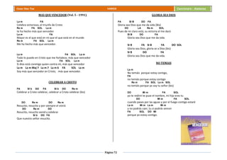 Página 72
Cesar Díaz Tiza VARIOS Cancionero - Alabanza
MAS QUE VENCEDOR (Vol. 5 - 1991)
La m FA
Celebra victorioso, el triunfo de Cristo
Re m FA SOL La m
te ha hecho más que vencedor
La m FA
Mayor es el que está en mi que el que está en el mundo
Re m FA SOL La m
Me ha hecho más que vencedor.
La m FA SOL La m
Todo lo puedo en Cristo que me fortalece, más que vencedor
La m FA SOL La m
Si dios está conmigo quien contra mí, más que vencedor
La m La m Maj 7 La m 7 La m 6 FA SOL La m
Soy más que vencedor en Cristo, más que vencedor.
CELEBRAR A CRISTO
FA SI b DO FA SI b DO Re m
Celebrar a Cristo celebrar, celebrar a Cristo celebrar (bis)
DO Re m DO Re m
Resucito, resucito y por siempre el vivirá
DO Re m DO
Resucito, resucito venid y celebrar
SI b DO FA
Que nuestro señor resucito.
GLORIA SEA DIOS
FA SI B DO FA
Gloria sea Dios que me da vida (Bis)
DO LA Re m SOL
Pues de mi claro está, su victoria el me dará
SI B DO FA
Gloria sea Dios que me da vida.
SI B FA SI B FA DO SOL
Gloria sea Dios, gloria se a Dios (bis)
SI B DO FA
Gloria sea Dios que me da vida.
NO TEMAIS
La m
No temáis porque estoy contigo,
FA
no temáis porque estoy contigo
Re m FA SOL La m SOL
no temáis porque yo soy tu señor (bis)
DO Mi m FA SOL
yo te redimí te puse el nombre, mi hijo eres tu
DO Mi m FA SOL
cuando pases por las aguas y por el fuego contigo estaré
La m Mi m La m Mi m
y no podrás caer, tu si podrás vencer
FA SOL DO MI
porque yo estoy contigo.
 