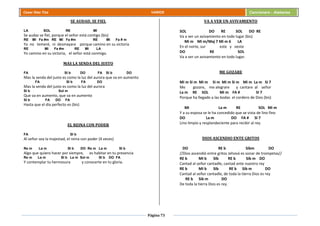 Página 73
Cesar Díaz Tiza VARIOS Cancionero - Alabanza
SE AUDAD, SE FIEL
LA SOL RE MI
Se audaz se fiel, porque el señor está contigo (bis)
RE MI Fa #m RE MI Fa #m RE MI Fa # m
Ya no temeré, ni desmayare porque camino en su victoria
RE MI Fa #m RE MI LA
Yo camino en su victoria, el señor está conmigo.
MAS LA SENDA DEL JUSTO
FA SI b DO FA SI b DO
Mas la senda del justo es como la luz del aurora que va en aumento
FA SI b FA DO
Mas la senda del justo es como la luz del aurora
SI b Sol m
Que va en aumento, que va en aumento
SI b FA DO FA
Hasta que el día perfecto es (bis)
EL REINA CON PODER
FA SI b
Al señor sea la majestad, el reina con poder (4 veces)
Re m La m SI b DO Re m La m SI b
Algo que quiero hacer por siempre, es habitar en tu presencia
Re m La m SI b La m Sol m SI b DO FA
Y contemplar tu hermosura y conocerte en tu gloria.
VA A VER UN AVIVAMIENTO
SOL DO RE SOL DO RE
Va a ver un avivamiento en todo lugar (bis)
Mi m Mi m/Maj 7 Mi m 6 LA
En el norte, sur este y oeste
DO RE SOL
Va a ver un avivamiento en todo lugar.
ME GOZARE
Mi m Si m Mi m Si m Mi m Si m Mi m La m SI 7
Me gozare, me alegrare y cantare al señor
La m RE SOL Mi m FA # SI 7
Porque ha llegado a las bodas el cordero de Dios (bis)
MI La m RE SOL Mi m
Y a su esposa se le ha concedido que se vista de lino fino
DO La m DO FA # SI 7
Lino limpio y resplandeciente para recibir al rey.
DIOS ASCENDIO ENTE GRITOS
DO RE b Sibm DO
//Dios ascendió entre gritos Jehová es sonar de trompetas//
RE b MI b SIb RE b Sib m DO
Cantad al señor cantadle, cantad ante nuestro rey
RE b MI b SIb RE b Sib m DO
Cantad al señor cantadle, de toda la tierra Dios es rey
RE b Sib m DO
De toda la tierra Dios es rey.
 