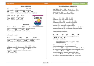 Página 75
Cesar Díaz Tiza VARIOS Cancionero - Alabanza
EL DIA DEL SEÑOR
Si m Mi m LA RE FA #
Toca en Sión la trompeta, suénala en los montes
Si m Mi m SOL LA Si m
Toca en Sión la trompeta, porque el día del señor llegó (bis)
Fa # m LA SI MI Fa # m
Ale , aleluya, señor poderoso
Fa # m LA SI MI FA #
Ale, aleluya yeshua es rey.
BUENO ES
Do m Fa m SOL 7 Do m
Bueno es alabarte oh Dios y cantarte salmos oh altísimo
Fa m Do m SOL Do m
Proclamando tu fidelidad día y noche cantare.
Laila, lara, lara, lara…
Do # m Fa # m SOL # Do # m
Me haces feliz por tus obras Dios, cantare de gozo por tu creación
Fa # m Do # m SOL # Do # m
Cuán grande son tus obras Dios, Elohim Baruch Hashem.
Re m Sol m LA LA 7 Re m
Morare en tus atrios Dios, como el árbol crece en el Líbano
Sol m Re m LA Re m
Creceré en la casa de Adonai y allí siempre viviré.
Re m Sol m
Laila, lara, lara, lara…
TÚ HAS CAMBIADO MI LAMENTO
SOL RE Si m Mi m DO La m DO RE
El ha cambiado mi lamento y mi tristeza en danza
SOL RE Mi m DO RE SOL
No callare, cantare de su gozo en mi (bis)
SOL DO SOL DO RE SOL
Donde solo había dolor, el trajo sanidad
SOL DO SOL DO RE SOL
Donde había destrucción, el nos dio consolación
FA DO SOL
Siento su dulce, dulce amor que me ilumina
FA DO FA DO RE RE 7
Veo el resplandor del sol, que brillando esta con su alegría.
Tú has cambiado mi lamento…
FA DO FA DO Mi m LA
Tu ira será momentánea señor, mas tu gracia y amor
Mi m LA DO RE 7
Duraran para toda la vida.
EL VICTORIOSO (El León de Judá – 1994)
Re m La m Re m La m
El victorioso vive en mí, el victorioso vive en mí
Sol m DO La m SI B LA Re m
Las circunstancia no me mueven a mí, el victorioso vive en mi.
Solm Re m DO FA
Yo cantare y danzare, celebrare la victoria del señor
LA 7 Re m DO LA# LA 7 Re m
No temeré al pelear, pues la victoria es del señor (bis)
 