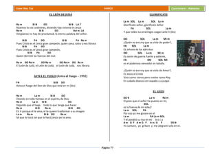 Página 77
Cesar Díaz Tiza VARIOS Cancionero - Alabanza
EL LEÓN DE JUDÁ
Re m SI B DO SI B LA 7
Alzamos la voz unánimes, diciendo hay victoria en Jesús
Re m SI B DO Sol m LA
Vergüenza no hay de proclamad, la eterna palabra del señor.
SI B FA DO SI B FA Re m
Pues Cristo es el único gran campeón, quien sana, salva y nos librara
SI B FA DO
Pues Cristo es el único gran campeón,
SI B FA DO
Quien derrotó las fuerzas del mal.
Re m DO Re m DO Re m DO Re m DO Re m
El León de Judá, el León de Judá, el León de Judá, nos librara.
AVIVA EL FUEGO (Aviva el Fuego – 1992)
FA SI B DO
Aviva el fuego del Don de Dios que está en mi (bis)
Re m La m SI B DO
Orando en todo tiempo en el espíritu de Dios
Re m La m SI B DO
Dejando que el haga, todo lo que tenga que hacer
Re m SI B Re m SI B DO
En ti porque él te ama, el te quiere trasformar a su imagen
La m Re m SI B DO Re m
Sé que lo hará (sé que lo hará) Jesús yo te amo.
GLORIFICATE
La m SOL La m SOL La m
Glorifícate señor, glorifícate Señor
FA SOL La m
Y que todos tus enemigos caigan ante ti (bis)
DO SOL La m Mi m
¿Quién es ese rey que se viste de poder?,
FA SOL La m
Es Jehová de los ejércitos
DO SOL La m Mi m
Es varón de guerra fuerte y valiente,
FA DO SOL MI
es el poderoso vencedor en batalla.
¿Quién es ese rey que se viste de Amor?,
Es Jesús el Cristo
Vino como ciervo pero vuelve como Rey
En caballo blanco con espada y a juzgar.
EL GOZO
DO 9 La m Re m
El gozo que el señor ha puesto en mí,
SOL
es la fuerza de mi vida//
La m SOL FA
Por eso yo me gozare en el
La m FA La m SOL
Y el pondrá su risa en mi b o c a
A m G F A m G F A m G F DO 9
Yo cantare, yo gritare y me alegrare solo en el.
 