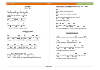 Página 80
Cesar Díaz Tiza VARIOS Cancionero - Alabanza
DIOS MIO
Salmos 71:4
SI 7 MI LA SI MI
Dios mío líbrame de la mano del impío
LA SI MI
De la mano del perverso y el violento
Sol # m LA
Porque tú señor eres mi esperanza
MI Sol # m SI
Seguridad desde mi juventud (bis)
MI LA SI
Porque tu eres mi roca y fortaleza
MI LA SI
Y de ti será siempre mi alabanza (bis)
PADRE NUESTRO
Mateo 6:9
RE SOL RE SOL RE
Padre nuestro que estás en el cielo, santificado sea tu nombre
SOL LA Fa # m Si m SOL RE LA
Venga tu reino sea tu voluntad, en los cielos como en la tierra.
RE SOL RE SOL RE
Danos hoy el pan de cada día y perdona nuestras deudas
SOL LA Fa # m Si m SOL RE LA
No nos deje caer en la tentación, mas líbranos del mal.
Si m Fa # m SOL RE SOL LA
Porque tuyo, tuyo es el reino, tuya toda la gloria
Si m Fa # m SOL RE SOL LA
Tuyo, tuyo el poder, por todos los siglos para siempre (bis)
CRISTO NO ESTA MUERTO (Hoy más que ayer – 1995)
DO
Cristo no está muerto, está vivo
FA
Cristo no está muerto el está vivo (bis)
SOL
Lo siento en mis manos, lo siento en mis pies
FA SOL DO
Lo siento en todo mi ser.
DO FA DO DOº DO
La tengo, la tengo, la tengo, la tengo
SOL SOL FA# FA SOL DO
La unción esta sobre mí, no lo entiendo pero la tengo.
NO OS EMBRIAGUEZ
SOL FA SOL
// No os embriaguez con vino, en lo cual hay disolución //
SOL SI b DO SOL
// Antes sed llenos, llenos del espíritu // (bis)
SOL FA SOL
// Si vivo en el espíritu las cadenas tienen que caer //
SOL SI b DO SOL
// Yo soy libre, libre en el espíritu //
SOL FA SOL
Si vivo en mi primer amor, fuego fresco tengo del Señor
SOL SI b DO SOL
// Yo quiero fuego, fuego del espíritu //
 