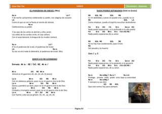 Página 81
Cesar Díaz Tiza VARIOS Cancionero - Alabanza
EL PODEROSO DE ISRAEL (Mix)
Re m LA 7
Y de noche cantaremos celebrando su poder, con alegrías de corazón
LA
Como el que va con la flauta al monte de Jehová,
Re m
Celebraremos su poder.
Y los ojos de los cielos se abrirán y ellos verán
Los oídos de los sordos oirán, el cojo saltara
Con el arpa danzará, la lengua de los mudos cantará.
Re m LA 7
El es el poderoso de Israel, el poderoso de Israel
LA Re m
Su voz se oirá nada lo detendrá, al poderoso de Israel. (Bis)
JEHOVA ES MI GUERRERO
Entrada: Mi m – RE / DO, RE, Mi m /
Mi m DO RE Mi m
Jehová es mi guerrero oh, oh, oh, oh, (4 veces)
La m Mi m DO RE Mi m
Con mi alabanza peleare, pues no es mi guerra sino la de Dios
La m Mi m DO RE Mi m
Danza y pandero yo daré, pues no es mi guerra sino la de Dios
La m Mi m DO RE Mi m
Címbalo y trompeta sonaré, pues no es mi guerra sino la de Dios
La m Mi m SI 7 DO RE Mi m
Con fuerte y alta voz yo gritare. Eh, eh, ye, eh, eh.
NADA PODRÁ SEPARANOS (Solo en Jesús)
RE SOL RE SOL RE
En mi debilidad, a veces no puedo orar, cuando no se
RE SOL LA
Como empezar, puedo al espíritu escuchar diciéndome:
FA SI b DO FA SI b Sol m DO
Nada podrá separarnos, ni lo profundo ni lo alto podrá
FA SI b DO MI b SI b / SI b DO RE /
Nada podrá separarnos de su amor.
RE SOL RE SOL RE
Ya no hay mas condenación, pues Cristo
RE
Del pecado y la muerte
Coro 1 y 2.
FA SI b DO FA SI b Sol m DO
Nada podrá separarnos, ni lo presente ni lo porvenir
FA SI b DO MI b SI b / SI b DO RE /
Nada podrá separarnos, de su amor.
Re m Re m/Maj 7 Re m 7 Re m 6
Protege, provee todo poder está bajo su autoridad
Re m Re m/Maj 7
Y siempre su voz dirá
DO RE SOL
Que solo somos hoy para siempre.
 
