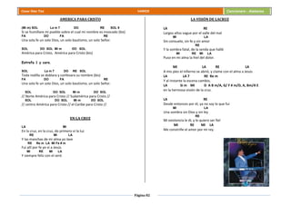 Página 82
Cesar Díaz Tiza VARIOS Cancionero - Alabanza
AMERICA PARA CRISTO
(Mi m) SOL La m 7 DO RE SOL 9
Si se humillare mi pueblo sobre el cual mi nombre es invocado (bis)
FA DO FA RE
Una sola fe un solo Dios, un solo bautismo, un solo Señor.
SOL DO SOL Mi m DO SOL
América para Cristo, América para Cristo (bis)
Estrofa 1 y coro.
SOL La m 7 DO RE SOL
Toda rodilla se doblara y confesara su nombre (bis)
FA DO FA RE
Una sola fe un solo Dios, un solo bautismo, un solo Señor.
SOL DO SOL Mi m DO SOL
// Norte América para Cristo // Sudamérica para Cristo //
SOL DO SOL Mi m DO SOL
// centro América para Cristo // el Caribe para Cristo //
EN LA CRUZ
LA MI
En la cruz, en la cruz, do primero vi la luz
RE MI LA
Y las manchas de mi alma yo lave
RE Re m LA MI Fa # m
Fui allí por fe yo vi a Jesús
MI RE MI LA
Y siempre feliz con el seré.
LA VISIÓN DE LACRUZ
LA RE
Largos años vague por el valle del mal
MI LA
Sin consuelo, sin fe y sin amor
RE
Y la sombra fatal, de la senda que hallé
MI RE MI LA
Puso en mi alma la hiel del dolor.
MI LA RE LA
A mis pies el infierno se abrió, y clame con el alma a Jesús
LA LA 7 RE Re m
Y al instante la escena cambio,
LA Si m MI D A B m/A, G/ F # m/D, A, Bm/A E
en la hermosa visión de la cruz.
LA RE
Desde entonces por él, ya no soy lo que fui
MI LA
Una sombra sin Dios y sin ley
RE
Mi existencia le di, y le quiero ser fiel
MI RE MI LA
Me constriñe el amor por mi rey.
 