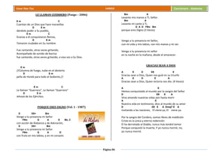Página 86
Cesar Díaz Tiza VARIOS Cancionero - Alabanza
LE LLAMAN GUERRERO (Fuego – 2006)
E m C
Cuentan de un Dios que hace maravillas
D E m
dándole poder a Su pueblo,
E m C
Gracias a él conquistaron Reinos,
D E m
Tomaron ciudades en Su nombre.
Fue cantando, otras veces gritando,
Acompañado de sonido de bocina
fue cantando, otras veces gritando, a viva voz a Su Dios.
E m
//Columna de fuego, nube en el desierto
D E m
peña de Horeb para todo el Sediento.//
E m C
Le llaman "Guerrero", Le llaman "Guerrero"
D E m
Jehová de los Ejércitos.
PORQUE ERES DIGNO (Vol. 1 - 1987)
D D5+ Bm
Vengo a tu presencia mi Señor
F#m G A D Bb, C
con acción de Alabanza y de Adoración,
D D5+ Bm
Vengo a tu presencia mi Señor
F#m G A D
con fruto en mis labios, y en mi corazón.
Bm A
Levanto mis manos a Ti, Señor.
Bm A
Levanto mi canto a Ti,
G A D F#m Bm
porque eres Digno (3 Veces)
Vengo a tu presencia mi Señor,
con mi vida y mis labios, con mis manos y mi ser.
Vengo a tu presencia mi señor
en la noche en la mañana, desde el amanecer.
GRACIAS SEAN A DIOS
A E D D9 E
Gracias sean a Dios, Quien nos guió en su triunfo
A E D E A
Gracias sean a Dios, Quien victoria nos dio. (4 Veces)
A E
Hemos conquistado al mundo por la sangre del Señor
D D9 E A
Vino amando nuestras vidas aún hasta morir
A E
Nuestra vida en testimonio, dice al mundo de su amor
D D9 E A Dmaj7 E A
Invitando a las naciones, El viene ya, El viene ya.
Por la sangre del Cordero, somos libres de maldición
Cristo es la única y eterna redención
El ha derrotado al Diablo, nunca más tendré temor
Porque conquistó la muerte, Y yo nunca moriré, no,
yo nunca moriré.
 