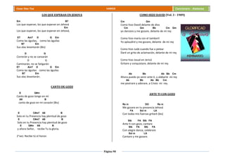 Página 90
Cesar Díaz Tiza VARIOS Cancionero - Alabanza
LOS QUE ESPERAN EN JEHOVA
Em B7
Los que esperan, los que esperan en Jehová
Em
Los que esperan, los que esperan en Jehová,
E7 Am7 D G Em
Como las águilas, como las águilas
B7 Em
Sus alas levantarán (Bis)
D G
Correrán y no se cansarán
D G
Caminarán, no se fatigarán
E7 Am7 D G Em
Como las águilas como las águilas
B7 Em
Sus alas levantarán.
CANTO DE GOZO
E G#m
Canto de gozo tengo en mí
A9 B
canto de gozo en mi corazón (Bis)
E C#m7 A9 B
Solo en tu Presencia hay plenitud de gozo
E C#m7 A9 B
Solo en tu Presencia hay plenitud de gozo
E G#m A9 B
y ahora Señor, recibe Tu la gloria.
2°vez: Recibe tú el honor.
COMO HIZO DAVID (Vol. 3 - 1989)
Cm Gm
Como hizo David delante de dios
Cm Gm Bb Cm Gm
yo danzare y me gozare, delante de mi rey
Como hizo maría con el tamboril
Yo aplaudiré y me gozare, delante de mi rey
Como hizo Judá cuando fue a pelear
Daré un grito de aclamación, delante de mi rey
Como hizo Josué en Jericó
Gritare y conquistare, delante de mi rey.
Ab Bb Ab Bb Cm
Ahora puedo yo venir ante ti, y alabarte mi rey
Ab Bb Ab Bb Cm
me postrare y adorare, a Cristo mi rey.
ANTE TI CON GOZO
Re m DO Re m
Me gozare en tu presencia Jehová
FA Sol m LA
Con todas mis fuerzas gritaré (bis)
SIb FA SIb FA
Ante ti con gozo, cantare
SIb FA SIb FA
Con alegre danza, celebrare
Sol m LA
Cantare y me gozare.
 