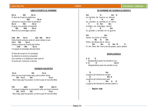 Página 91
Cesar Díaz Tiza VARIOS Cancionero - Alabanza
GRITA FUERTE EL NOMBRE
Do m SIb Do m
El dios de Israel es poderoso
SOL Do m
Jehová es nuestro Dios no perderá
Do m SIb Do m
El guía a su pueblo a la batalla
SIb SOL Do m
Ante él sus enemigos caerán.
LAb SIb Do m LAb SIb Do m
Grita fuerte victoria ante él, alcen todos la voz
LA b SIb Do m
Canta y danza el triunfo del señor
LAb SIb Do m
Y el ganó al enemigo derrotó (bis)
El Dios de Israel es mi campeón
Su diestra la victoria conquistó
Con excelso a la alabanza sube ante él
El lucha por nosotros a vencer.
AUNQUE GIGANTES
Fa m DO Fa m
Dios no nos trajo hasta aquí, para volver atrás
DO Fa m DO Fa m
Nos trajo aquí ha poseer, la tierra que el nos dio (Bis)
FA7 A#m RE# SOL #
Y aunque el gigante se encuentre allá, yo nunca temeré
DO Fa m DO Fa m
Nos trajo aquí ha poseer, la tierra que él nos dio (Bis)
SU NOMBRE DE GUERRA ES JEHOVA
Am G Am G
Su nombre de Guerra es Jehová
F G Am
Su nombre es temido en la tierra
F G Em Am
A todos sus enemigos venció
F G Am
Es grande y temido en la guerra.
Dm Am
Quien es como el Señor
Bb G Am
Entre los dioses de la tierra
Dm Am G Am B E
El me libra del mal y me da poder, para pelear.
RESPLANDECE
C G D
Resplandece pues ha venido tu luz
C G D Am D
Resplandece pues ha venido tu luz,
G Em
La gloria de Jehová ha nacido
G Bm A
La gloria de Jehová esta aquí
G Em A D
La gloria de Jehová ha venido sobre ti.
- Repite todo
 