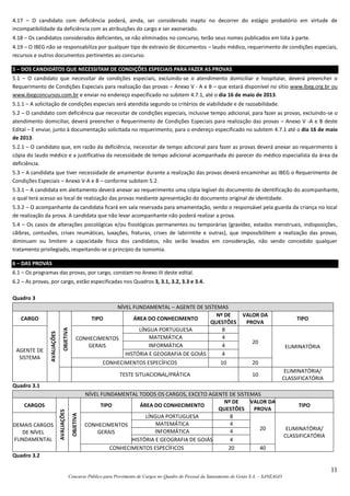 11
Concurso Público para Provimento de Cargos no Quadro de Pessoal da Saneamento de Goiás S.A. – SANEAGO
4.17 – O candidato com deficiência poderá, ainda, ser considerado inapto no decorrer do estágio probatório em virtude de
incompatibilidade da deficiência com as atribuições do cargo e ser exonerado.
4.18 – Os candidatos considerados deficientes, se não eliminados no concurso, terão seus nomes publicados em lista à parte.
4.19 – O IBEG não se responsabiliza por qualquer tipo de extravio de documentos – laudo médico, requerimento de condições especiais,
recursos e outros documentos pertinentes ao concurso.
5 – DOS CANDIDATOS QUE NECESSITAM DE CONDIÇÕES ESPECIAIS PARA FAZER AS PROVAS
5.1 – O candidato que necessitar de condições especiais, excluindo-se o atendimento domiciliar e hospitalar, deverá preencher o
Requerimento de Condições Especiais para realização das provas – Anexo V - A e B – que estará disponível no sítio www.ibeg.org.br ou
www.ibegconcursos.com.br e enviar no endereço especificado no subitem 4.7.1, até o dia 16 de maio de 2013.
5.1.1 – A solicitação de condições especiais será atendida segundo os critérios de viabilidade e de razoabilidade.
5.2 – O candidato com deficiência que necessitar de condições especiais, inclusive tempo adicional, para fazer as provas, excluindo-se o
atendimento domiciliar, deverá preencher o Requerimento de Condições Especiais para realização das provas – Anexo V -A e B deste
Edital – E enviar, junto à documentação solicitada no requerimento, para o endereço especificado no subitem 4.7.1 até o dia 16 de maio
de 2013.
5.2.1 – O candidato que, em razão da deficiência, necessitar de tempo adicional para fazer as provas deverá anexar ao requerimento à
cópia do laudo médico e a justificativa da necessidade de tempo adicional acompanhada do parecer do médico especialista da área da
deficiência.
5.3 – A candidata que tiver necessidade de amamentar durante a realização das provas deverá encaminhar ao IBEG o Requerimento de
Condições Especiais – Anexo V-A e B – conforme subitem 5.2.
5.3.1 – A candidata em aleitamento deverá anexar ao requerimento uma cópia legível do documento de identificação do acompanhante,
o qual terá acesso ao local de realização das provas mediante apresentação do documento original de identidade.
5.3.2 – O acompanhante da candidata ficará em sala reservada para amamentação, sendo o responsável pela guarda da criança no local
de realização da prova. A candidata que não levar acompanhante não poderá realizar a prova.
5.4 – Os casos de alterações psicológicas e/ou fisiológicas permanentes ou temporárias (gravidez, estados menstruais, indisposições,
cãibras, contusões, crises reumáticas, luxações, fraturas, crises de labirintite e outras), que impossibilitem a realização das provas,
diminuam ou limitem a capacidade física dos candidatos, não serão levados em consideração, não sendo concedido qualquer
tratamento privilegiado, respeitando-se o princípio da isonomia.
6 – DAS PROVAS
6.1 – Os programas das provas, por cargo, constam no Anexo III deste edital.
6.2 – As provas, por cargo, estão especificadas nos Quadros 3, 3.1, 3.2, 3.3 e 3.4.
Quadro 3
NÍVEL FUNDAMENTAL – AGENTE DE SISTEMAS
CARGO
AVALIAÇÕES
OBJETIVA
TIPO ÁREA DO CONHECIMENTO
Nº DE
QUESTÕES
VALOR DA
PROVA
TIPO
AGENTE DE
SISTEMA
CONHECIMENTOS
GERAIS
LÍNGUA PORTUGUESA 8
20
ELIMINATÓRIA
MATEMÁTICA 4
INFORMÁTICA 4
HISTÓRIA E GEOGRAFIA DE GOIÁS 4
CONHECIMENTOS ESPECÍFICOS 10 20
TESTE SITUACIONAL/PRÁTICA 10
ELIMINATÓRIA/
CLASSIFICATÓRIA
Quadro 3.1
NÍVEL FUNDAMENTAL TODOS OS CARGOS, EXCETO AGENTE DE SISTEMAS
CARGOS
AVALIAÇÕES
OBJETIVA
TIPO ÁREA DO CONHECIMENTO
Nº DE
QUESTÕES
VALOR DA
PROVA
TIPO
DEMAIS CARGOS
DE NÍVEL
FUNDAMENTAL
CONHECIMENTOS
GERAIS
LÍNGUA PORTUGUESA 8
20 ELIMINATÓRIA/
CLASSIFICATÓRIA
MATEMÁTICA 4
INFORMÁTICA 4
HISTÓRIA E GEOGRAFIA DE GOIÁS 4
CONHECIMENTOS ESPECÍFICOS 20 40
Quadro 3.2
 