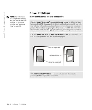 Drive Problems
w w w. d e l l . c o m | s u p p o r t . d e l l . c o m




                                                                 NOTE: For information         If you cannot save a file to a floppy drive
                                                                 on saving files to a floppy
                                                                 disk, see the Tell Me How
                                                                 help file. To access the       E N S U R E T H A T W I N D O W S ® R E C O G N I Z E S T H E D R I V E — Click the Start
                                                                 help file, see "Accessing      button and click My Computer. If the drive is not listed, perform a full scan with
                                                                 Help" on page 98.              your antivirus software to check for and remove viruses. Viruses can sometimes
                                                                                                prevent Windows from recognizing the drive. Insert a bootable disk and restart
                                                                                                the computer. Verify that the           light is blinking, indicating normal operation.


                                                                                                E N S U R E T H A T T H E D I S K I S N O T W R I T E - P R O T E C T E D — You cannot save
                                                                                                data to a write-protected disk. See the following figure.




                                                                                                                                back of floppy disk




                                                                                                                                  write-protected



                                                                                                                                not write-protected




                                                                                                T R Y A N O T H E R F L O P P Y D I S K — Insert another disk to eliminate the
                                                                                                possibility that the original disk is defective.




                                                           102       Solving Pr oblems
 
