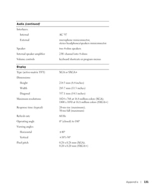 Audio (continued)

Interfaces:

   Internal                  AC ’97

   External                  microphone miniconnector,
                             stereo headphones/speakers miniconnector

Speaker                      two 4-ohm speakers

Internal speaker amplifier   2-W channel into 4 ohms

Volume controls              keyboard shortcuts or program menus

Display

Type (active-matrix TFT)     XGA or SXGA+

Dimensions:

   Height                    214.3 mm (8.4 inches)

   Width                     285.7 mm (11.3 inches)

   Diagonal                  357.1 mm (14.1 inches)

Maximum resolutions          1024 x 768 at 16.8 million colors (XGA);
                             1400 x 1050 at 16.8 million colors (SXGA+)

Response time (typical)      20-ms rise (maximum);
                             30-ms fall (maximum)

Refresh rate                 60 Hz

Operating angle              0° (closed) to 180°

Viewing angles:

   Horizontal                ±40°

   Vertical                  +10°/–30°

Pixel pitch                  0.28 x 0.28 mm (XGA);
                             0.20 x 0.20 mm (SXGA+)




                                                                          Appendix   131
 