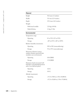 w w w. d e l l . c o m | s u p p o r t . d e l l . c o m




                                                                            Physical

                                                                            Height                               30.8 mm (1.2 inches)

                                                                            Width                                315 mm (12.4 inches)

                                                                            Depth                                259.4 mm (10.2 inches)

                                                                            Weight:

                                                                              With travel module                 2.26 kg (4.98 lb)

                                                                              With CD drive                      2.4 kg (5.3 lb)

                                                                            Environmental

                                                                            Temperature range:

                                                                              Operating                          0° to 35°C (32° to 95°F)

                                                                              Storage                            –40° to 65°C (–40° to 149°F)

                                                                            Relative humidity (maximum):

                                                                              Operating                          10% to 90% (noncondensing)

                                                                              Storage                            5% to 95% (noncondensing)

                                                                            Maximum vibration (using a
                                                                            random-vibration spectrum that
                                                                            simulates user environment):

                                                                              Operating                          0.66 GRMS

                                                                              Storage                            1.30 GRMS

                                                                            Maximum shock (measured with
                                                                            hard drive in head-parked position
                                                                            and a 2-ms half-sine pulse):

                                                                              Operating                          122 G

                                                                              Storage                            163 G

                                                                            Altitude (maximum):

                                                                              Operating                          –15.2 to 3048 m (–50 to 10,000 ft)

                                                                              Storage                            –15.2 to 10,668 m (–50 to 35,000 ft)




                                                           134   Appendix
 