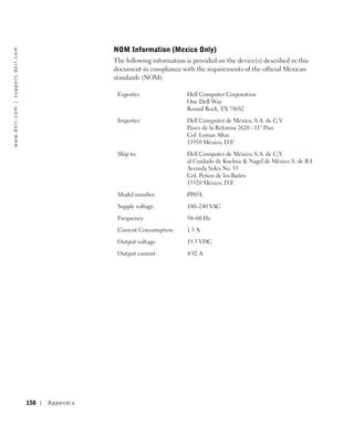 NOM Information (Mexico Only)
w w w. d e l l . c o m | s u p p o r t . d e l l . c o m




                                                                            The following information is provided on the device(s) described in this
                                                                            document in compliance with the requirements of the official Mexican
                                                                            standards (NOM):

                                                                             Exporter:                 Dell Computer Corporation
                                                                                                       One Dell Way
                                                                                                       Round Rock, TX 78682

                                                                             Importer:                 Dell Computer de México, S.A. de C.V.
                                                                                                       Paseo de la Reforma 2620 - 11° Piso
                                                                                                       Col. Lomas Altas
                                                                                                       11950 México, D.F.

                                                                             Ship to:                  Dell Computer de México, S.A. de C.V.
                                                                                                       al Cuidado de Kuehne & Nagel de México S. de R.I.
                                                                                                       Avenida Soles No. 55
                                                                                                       Col. Peñon de los Baños
                                                                                                       15520 México, D.F.

                                                                             Model number:             PP05L

                                                                             Supply voltage:           100–240 VAC

                                                                             Frequency:                50–60 Hz

                                                                             Current Consumption:      1.5 A

                                                                             Output voltage:           19.5 VDC

                                                                             Output current:           4.92 A




                                                           158   Appendix
 