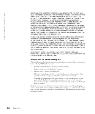THIS WARRANTY GIVES YOU SPECIFIC LEGAL RIGHTS, AND YOU MAY ALSO
w w w. d e l l . c o m | s u p p o r t . d e l l . c o m




                                                                            HAVE OTHER RIGHTS WHICH VARY FROM STATE TO STATE (OR JURISDICTION
                                                                            TO JURISDICTION). DELL'S RESPONSIBILITY FOR MALFUNCTIONS AND
                                                                            DEFECTS IN HARDWARE IS LIMITED TO REPAIR AND REPLACEMENT AS SET
                                                                            FORTH IN THIS WARRANTY STATEMENT. ALL EXPRESS AND IMPLIED
                                                                            WARRANTIES FOR THE PRODUCT, INCLUDING BUT NOT LIMITED TO ANY
                                                                            IMPLIED WARRANTIES AND CONDITIONS OF MERCHANTABILITY AND
                                                                            FITNESS FOR A PARTICULAR PURPOSE, ARE LIMITED IN TIME TO THE TERM
                                                                            OF THE LIMITED WARRANTY PERIOD REFLECTED ON YOUR PACKING SLIP OR
                                                                            INVOICE. NO WARRANTIES, WHETHER EXPRESS OR IMPLIED, WILL APPLY
                                                                            AFTER THE LIMITED WARRANTY PERIOD HAS EXPIRED. SOME STATES DO
                                                                            NOT ALLOW LIMITATIONS ON HOW LONG AN IMPLIED WARRANTY LASTS, SO
                                                                            THIS LIMITATION MAY NOT APPLY TO YOU.

                                                                            WE DO NOT ACCEPT LIABILITY BEYOND THE REMEDIES PROVIDED FOR IN
                                                                            THIS LIMITED WARRANTY OR FOR CONSEQUENTIAL OR INCIDENTAL
                                                                            DAMAGES, INCLUDING, WITHOUT LIMITATION, ANY LIABILITY FOR THIRD-
                                                                            PARTY CLAIMS AGAINST YOU FOR DAMAGES, FOR PRODUCTS NOT BEING
                                                                            AVAILABLE FOR USE, OR FOR LOST DATA OR LOST SOFTWARE. OUR LIABILITY
                                                                            WILL BE NO MORE THAN THE AMOUNT YOU PAID FOR THE PRODUCT THAT IS
                                                                            THE SUBJECT OF A CLAIM. THIS IS THE MAXIMUM AMOUNT FOR WHICH WE
                                                                            ARE RESPONSIBLE.
                                                                            SOME STATES DO NOT ALLOW THE EXCLUSION OR LIMITATION OF
                                                                            INCIDENTAL OR CONSEQUENTIAL DAMAGES, SO THE ABOVE LIMITATION OR
                                                                            EXCLUSION MAY NOT APPLY TO YOU.

                                                                            How long does this limited warranty last?
                                                                            This limited warranty lasts for the time period indicated on your packing slip or invoice, except
                                                                            for the following Dell-branded hardware:

                                                                             •    Portable computer batteries carry a 1-year limited warranty.
                                                                             •    Projector lamps carry a 90-day limited warranty.
                                                                             •    Memory carries a lifetime limited warranty.
                                                                             •    Monitors carry the longer of either a 3-year limited warranty or the remainder of the
                                                                                  warranty for the Dell computer to which the monitor will be connected.
                                                                             •    Other add-on hardware carries the longer of either a 1-year limited warranty for new
                                                                                  parts and a 90-day limited warranty for reconditioned parts or, for both new and
                                                                                  reconditioned parts, the reminder of the warranty for the Dell computer on which such
                                                                                  parts are installed.
                                                                            The limited warranty on all Dell-branded products begins on the date of the packing slip or
                                                                            invoice. The warranty period is not extended if we repair or replace a warranted product or any
                                                                            parts. Dell may change the availability of limited warranties, at its discretion, but any changes
                                                                            will not be retroactive.




                                                           160   Appendix
 
