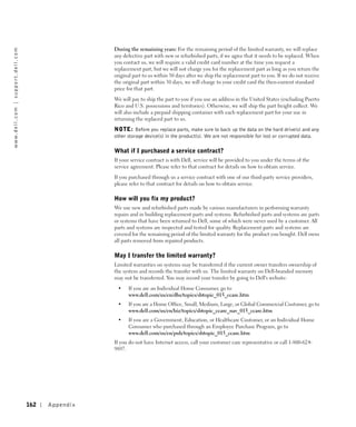 During the remaining years: For the remaining period of the limited warranty, we will replace
w w w. d e l l . c o m | s u p p o r t . d e l l . c o m




                                                                            any defective part with new or refurbished parts, if we agree that it needs to be replaced. When
                                                                            you contact us, we will require a valid credit card number at the time you request a
                                                                            replacement part, but we will not charge you for the replacement part as long as you return the
                                                                            original part to us within 30 days after we ship the replacement part to you. If we do not receive
                                                                            the original part within 30 days, we will charge to your credit card the then-current standard
                                                                            price for that part.

                                                                            We will pay to ship the part to you if you use an address in the United States (excluding Puerto
                                                                            Rico and U.S. possessions and territories). Otherwise, we will ship the part freight collect. We
                                                                            will also include a prepaid shipping container with each replacement part for your use in
                                                                            returning the replaced part to us.
                                                                            NOTE: Before you replace parts, make sure to back up the data on the hard drive(s) and any
                                                                            other storage device(s) in the product(s). We are not responsible for lost or corrupted data.

                                                                            What if I purchased a service contract?
                                                                            If your service contract is with Dell, service will be provided to you under the terms of the
                                                                            service agreement. Please refer to that contract for details on how to obtain service.

                                                                            If you purchased through us a service contract with one of our third-party service providers,
                                                                            please refer to that contract for details on how to obtain service.

                                                                            How will you fix my product?
                                                                            We use new and refurbished parts made by various manufacturers in performing warranty
                                                                            repairs and in building replacement parts and systems. Refurbished parts and systems are parts
                                                                            or systems that have been returned to Dell, some of which were never used by a customer. All
                                                                            parts and systems are inspected and tested for quality. Replacement parts and systems are
                                                                            covered for the remaining period of the limited warranty for the product you bought. Dell owns
                                                                            all parts removed from repaired products.

                                                                            May I transfer the limited warranty?
                                                                            Limited warranties on systems may be transferred if the current owner transfers ownership of
                                                                            the system and records the transfer with us. The limited warranty on Dell-branded memory
                                                                            may not be transferred. You may record your transfer by going to Dell's website:
                                                                             •    If you are an Individual Home Consumer, go to
                                                                                  www.dell.com/us/en/dhs/topics/sbtopic_015_ccare.htm
                                                                             •    If you are a Home Office, Small, Medium, Large, or Global Commercial Customer, go to
                                                                                  www.dell.com/us/en/biz/topics/sbtopic_ccare_nav_015_ccare.htm
                                                                             •    If you are a Government, Education, or Healthcare Customer, or an Individual Home
                                                                                  Consumer who purchased through an Employee Purchase Program, go to
                                                                                  www.dell.com/us/en/pub/topics/sbtopic_015_ccare.htm
                                                                            If you do not have Internet access, call your customer care representative or call 1-800-624-
                                                                            9897.




                                                           162   Appendix
 