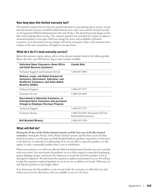 How long does this limited warranty last?
This limited warranty lasts for the time period indicated on your packing slip or invoice, except
that the limited warranty on Dell-branded batteries lasts only 1 year and the limited warranty
on the lamps for Dell-branded projectors lasts only 90 days. The limited warranty begins on the
date of the packing slip or invoice. The warranty period is not extended if we repair or replace a
warranted product or any parts. Dell may change the terms and availability of limited
warranties, at its discretion, but any changes will not be retroactive (that is, the warranty terms
in place at the time of purchase will apply to your purchase).

What do I do if I need warranty service?
Before the warranty expires, please call us at the relevant number listed in the following table.
Please also have your Dell Service Tag or order number available.

   Individual Home Consumers; Home Office                Canada Only
   and Small Business Customers:
   Technical Support and Customer Service                1-800-847-4096
   Medium, Large, and Global Commercial
   Customers; Government, Education, and
   Healthcare Customers; and Value-Added
   Resellers (VARs):
   Technical Support                                     1-800-387-5757
   Customer Service                                      1-800-326-9463
   Government or Education Customers, or
   Individual Home Consumers who purchased
   through an Employee Purchase Program:
   Technical Support                                     1-800-387-5757
   Customer Service                                      1-800-326-9463 (Extension 8221 for
                                                         Individual Consumers)
   Dell-Branded Memory                                   1-888-363-5150


What will Dell do?
During the 90 days of the 90-day limited warranty and the first year of all other limited
warranties: During the 90 days of the 90-day limited warranty and the first year of all other
limited warranties, we will repair any Dell-branded hardware products returned to us that prove
to be defective in materials or workmanship. If we are not able to repair the product, we will
replace it with a comparable product that is new or refurbished.

When you contact us, we will issue a Return Material Authorization Number for you to include
with your return. You must return the products to us in their original or equivalent packaging,
prepay shipping charges, and insure the shipment or accept the risk if the product is lost or
damaged in shipment. We will return the repaired or replacement products to you. We will pay
to ship the repaired or replaced products to you if you use an address in Canada. Otherwise, we
will ship the product to you freight collect.
If we determine that the problem is not covered under this warranty, we will notify you and
inform you of service alternatives that are available to you on a fee basis.




                                                                                                      Appendix   165
 
