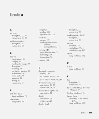 Index


A                           computer                            description, 22
                              crashes, 104                      system view, 22
air vents
                              specifications, 128           docking device latch
  description, 23, 29
  system view, 23, 29       conflicts                         description, 31
                              drivers, 107                    system view, 31
audio connectors
                              resolving software and        drivers
  description, 24
                                   hardware
  system view, 24                                             definition, 107
                                   incompatibilities, 112
                                                              reinstalling, 108, 113
                            copying CDs                       troubleshooting, 107
                              general information, 74
B                                                           drives
                              helpful tips, 75
                                                              fixing problems, 102
battery                       instructions, 76
  charge gauge, 48
                            crashes, 104
  charging, 49
  checking the charge, 47                                   E
  description, 31                                           e-mail
  installing, 50            D
                                                              fixing problems, 36
  low-battery warning, 48   damaged computer
  performance, 46             testing, 106
  power meter, 48           Dell support policy, 138        F
  removing, 49
                            Device Driver Rollback, 108     fan
  storing, 52
  system view, 31           device latch release              description, 31
                              description, 26, 30             system view, 31
                              system view, 26, 30           Files and Settings Transfer
C                           device status lights, 21            Wizard, 37

CD-RW drive                   description, 21               finding solutions, 96
 fixing problems, 74        display                         floppy drive
characters                    description, 20                 connecting to the parallel
                              system view, 20                      port, 27
  unexpected, 69
                                                              fixing problems, 102
                            display latch



                                                                                  Index    173
 