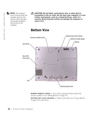 NOTE: The computer                       CAUTION: Do not block, push objects into, or allow dust to
w w w. d e l l . c o m | s u p p o r t . d e l l . c o m




                                                                turns on the fan when the                accumulate in the air vents. Do not store your computer in a low-
                                                                computer gets hot. Fan                   airflow environment, such as a closed briefcase, while it is
                                                                noise is normal and does                 running. Restricting the airflow can damage the computer or
                                                                not indicate a problem                   cause a fire.
                                                                with the fan or the
                                                                computer.


                                                                                                  Bottom View
                                                                                                                                                  battery-bay latch release
                                                                                                 memory module cover
                                                                                                                                                         battery charge gauge
                                                                                                                                                                battery
                                                                                   hard drive




                                                                                   Mini PCI
                                                                                   card cover




                                                                                           fan


                                                                                                                                          docking device slot



                                                                                                  MEMORY MODULE COVER       — Covers the compartment that contains the
                                                                                                  memory module(s). See "Adding Memory" on page 118.
                                                                                                  BATTERY-BAY LATCH RELEASE       — Releases the battery. See "Using a Battery"
                                                                                                  on page 46 for instructions.




                                                           30      A To u r o f Yo u r C o m p u t e r
 