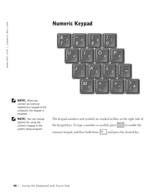 Numeric Keypad
w w w. d e l l . c o m | s u p p o r t . d e l l . c o m




                                                                NOTE: When you
                                                                connect an external
                                                                keyboard or keypad to the
                                                                computer, the keypad is
                                                                disabled.
                                                                NOTE: You can change        The keypad numbers and symbols are marked in blue on the right side of
                                                                options for using the
                                                                numeric keypad in the       the keypad keys. To type a number or symbol, press       to enable the
                                                                system setup program.
                                                                                            numeric keypad, and then hold down         and press the desired key.




                                                           64      Us ing the Ke yboard and To uch Pad
 