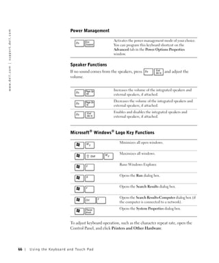 Power Management
w w w. d e l l . c o m | s u p p o r t . d e l l . c o m




                                                                                                                Activates the power management mode of your choice.
                                                                                                                You can program this keyboard shortcut on the
                                                                                                                Advanced tab in the Power Options Properties
                                                                                                                window.


                                                                                      Speaker Functions
                                                                                      If no sound comes from the speakers, press                 and adjust the
                                                                                      volume.


                                                                                                                Increases the volume of the integrated speakers and
                                                                                                                external speakers, if attached.
                                                                                                                Decreases the volume of the integrated speakers and
                                                                                                                external speakers, if attached.
                                                                                                                Enables and disables the integrated speakers and
                                                                                                                external speakers, if attached.



                                                                                      Microsoft® Windows® Logo Key Functions

                                                                                                                   Minimizes all open windows.


                                                                                                                   Maximizes all windows.


                                                                                                                   Runs Windows Explorer.


                                                                                                                   Opens the Run dialog box.


                                                                                                                   Opens the Search Results dialog box.


                                                                                                                   Opens the Search Results-Computer dialog box (if
                                                                                                                   the computer is connected to a network).
                                                                                                                   Opens the System Properties dialog box.


                                                                                      To adjust keyboard operation, such as the character repeat rate, open the
                                                                                      Control Panel, and click Printers and Other Hardware.




                                                           66   Us ing the Ke yboard and To uch Pad
 