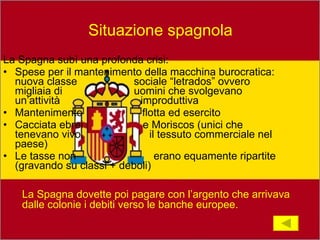 Situazione spagnola La Spagna subì una profonda crisi: Spese per il mantenimento della macchina burocratica: nuova classe  sociale “letrados” ovvero migliaia di  uomini che svolgevano un’attività  improduttiva Mantenimento  flotta ed esercito Cacciata ebrei  e Moriscos (unici che tenevano vivo  il tessuto commerciale nel paese) Le tasse non  erano equamente ripartite (gravando su classi + deboli) La Spagna dovette poi pagare con l’argento che arrivava dalle colonie i debiti verso le banche europee. 