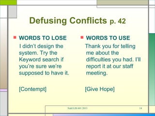 Defusing Conflicts p. 42
   WORDS TO LOSE                   WORDS TO USE
    I didn’t design the              Thank you for telling
    system. Try the                  me about the
    Keyword search if                difficulties you had. I’ll
    you’re sure we’re                report it at our staff
    supposed to have it.             meeting.

    [Contempt]                       [Give Hope]


                       Nahl LIS 601 2013                      14
 