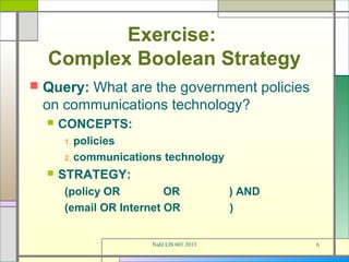 Exercise:
    Complex Boolean Strategy
   Query: What are the government policies
    on communications technology?
       CONCEPTS:
        1. policies

        2. communications   technology
       STRATEGY:
        (policy OR         OR              ) AND
        (email OR Internet OR              )


                       Nahl LIS 601 2013           6
 