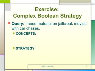 Exercise:
    Complex Boolean Strategy
   Query: I need material on jailbreak movies
    with car chases.
       CONCEPTS:



       STRATEGY:




                    Nahl LIS 601 2013        7
 