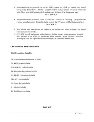  Independent macro- economic factor like GDP growth rate, GNP per capital, and annual
      saving were found to be directly proportional to average annual consumer demand in
      India. More is the GDP growth, GNP, and savings higher will be the demand level
                                          Cc α Gi,Gni,Si

     Independent macro- economic factor like CPI was found to be inversely proportional to
      average annual consumer demand in India. More is the CPI lesser will be the demand level
                                           Cc α 1 / CPi

     Real Interest rate, expenditure ine education and helath care have no impact on annual
      consumer demand in India.
     CPI, GDP growth and annual saving has the highest impact on the consumer demand
      level and thus it has to be top preference when demand would fluctuate. Moreover
      focusing on GNP per capital will have least impact on consumer demand level.



4.8 Correlation Analysis for India


4.8.1 Correlation Variable:


Ci : Annual Consumer Demand in India

Gi : GDP growth in India

GNi: GNI per capital in India

Ei : Education Expenditure in India

Hi : Health Expenditure in India

CPi : CPI Index in India

Si : Gross Saving in India

Ii : Inflation in India

Ri : Real Interest in India




                                        Table 4.12


                                                                                34 | P a g e
 