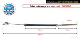 Cable embrayage anc. mod. : réf : 6013306
Fiche technique 2CV MEHARI CLUB CASSIS
Marques Laurent Janvier 2012
175 mm 175 mm
405 mm
65 mm
 