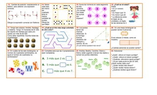 13. Cambie de posición exactamente un
fósforo para obtener una expresión
correcta.
Dibujar la expresión correcta con fósforos.
14. Sobre
cada lado
del marco
del
cuadrado
tiene la
misma
cantidad de
puntos.
Dibuja los
que faltan.
15. Suma los números en cada segmento
de tres
números.
¿Es verdad
que todas
las sumas
son
impares?
16. ¿Cuál es mi edad?
Pistas
* Es un número
impar
* Es mayor que 10.
* Es menor que 20.
* La diferencia entre
el dígito de las
unidades y el digito
de las decenas es 2.
17. Tengo tres sobrino, Andrés, Santiago
y Catalina. Tengo 10 monedas de $1.000,
las reparto de manera que cada uno
quede con más de $2.000.
Como debo repartirlas. Escriba todas las
posibilidades
18. ¿Cuál es el hilo más largo coloréalo
de otro color?
19. Los puntos
tienen las
mismas
distancias. Si
la hormiga
avanza
alrededor del
triángulo y
camina 40 cm.
¿A cuál vértice quedará más cerca?
20. En una mesa rectangular se
pueden sentar 6 personas.
Si se colocan 2 mesas, como se
muestra,
¿Cuántas personas se pueden sentar?
21. En cuales de los seis rectángulos, el
número de cuadrados sombreados, es
igual al número de cuadrados no
sombreados?
22. Completa para que las 3 proposiciones
sean verdaderas.
23. Andrea, Beatriz, Carolina, Diana y
Elena, están jugando a lanzar dos dados y
suman los puntos obtenidos.
24. Solucionar:
*¿Quién obtuvo el mayor puntaje?
* ¿Quién obtuvo el menor puntaje?
* ¿Quiénes obtuvieron igual puntaje?
* ¿Si por cada punto le dan $1.000,
cuanto recibe cada una?
* ¿Quién recibe más dinero?
* ¿Quién recibe menos dinero?
* ¿Quiénes reciben igual dinero?
 