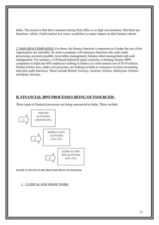 India. The reason is that their customer-facing front office is in high cost locations. But there are
functions, which, if delivered at low costs, would have a major impact on their balance sheets.
2. NON-BFSI COMPANIES: For them, the finance function is important as it helps the rest of the
organisation run smoothly. So such a company will outsource functions like sales order
processing, accounts payable, receivables management, balance-sheet management and cash
management. For instance, a US-based industrial major currently evaluating finance BPO
companies in India has 850 employees looking at finance at a total annual cost of $110 million.
Global airlines also, under cost pressures, are looking at India to outsource revenue accounting
and sales audit functions. These include British Airways, Austrian Airlines, Malaysian Airlines
and Qatar Airways.
B. FINANCIAL BPO PROCESSES BEING OUTSOURCED:
Three types of financial processes are being outsourced to India. These include:
FIGURE 15- FINANCIAL BPO PROCESSES BEING OUTSOURCED
1. CLERICAL LOW GRADE WORK:
TOP-END
ACTIVITIES
(AROUND 10%)
MIDDLE LEVEL
ACTIVITIES
(25%-35%)
CLERICAL LOW-
END ACTIVITIES
(65%-75%)
1.
2.
3.
37
 