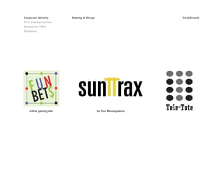 SieckGrowthCorporate Identity
Print Communications
Interactive / Web
Packaging
Naming & Design
Naming & Design
19
for Sun Microsystemsonline gaming site
 