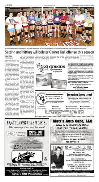 WWW.STARNEWSGROUP.COM FRIDAY, AUGUST 21, 2015 THE OCEAN STAR PAGE 31SPORTS
STEVE WEXLER THE OCEAN STAR
The Garnet Gulls girls volleyball team is geared up and ready for the fall season. They play in the B North division and open up the year with a game on the road against Long Branch on Sept. 9.
team hope to start each side
with a good first pass and
work from there.
Last year the team worked
a 6-2 and Erinne Regan was
one of two setters. Accord-
ing to Hanniffy, as it stands,
the team will most likely uti-
lize a 5-1 with Regan as their
sole setter. He said the team
will also look to make use of
a libero, which is a defensive
specialist that plays back
row full time.
Regan will look to utilize
her middle and outside hit-
ters.
“We have good experience
in the middle position,” said
Hanniffy. “Madeline White
was third team all confer-
ence as an outside hitter last
year. She’s back for her sen-
ior year. She’s a focal point
for us.”
White was The Ocean
Star’s volleyball athlete of
the season last year for her
stellar play on the court in-
cluding two 10-kill games
against Lakewood and Rari-
tan and a game against Red
Bank Catholic where she
recorded 14 digs.
She returns for her senior
season as one of two cap-
tains for the Point Beach
varsity squad.
“I just really want to get
the new girls into the sport
as much as I was as a fresh-
man. Coming in I met a sen-
ior girl that completely
transformed the sport for me
and I fell in love with it and
I want to do the same for
them,” said White in regards
to her goals for her last sea-
son on the team.
During the offseason
White has been working on
her vertical to improve her
hitting as well as her de-
fense.
“I’ve been at the gym four
times a week and I’ve been
doing a lot of jumping,” she
explained.
White boasts a strong
serve and arm when it
comes to hitting and hopes
to show opponents what she
can do at the net. She also
looks to help the Gulls to a
winning season after the
team fell below .500 last
year. They made the state
tournament where they fell
to Glen Rock and the Gulls
missed the cut for the Shore
Conference Tournament.
“I’d like to have a winning
season of course and I’d like
to get a number on the ban-
ner,” said White with a
smile.
Hanniffy will look to
White and the five other
seniors on the team to be
leaders. For him composure
will play a big role during
the season.
“They have that level of
experience and maturity,”
stated Hanniffy. “As far as
their relation to other teams,
this is the fourth year in this
division so we’re getting to
know these other teams and
what their strengths are. So
that’s something they can
look for.”
While this may be Han-
niffy’s first year as varsity
head coach, he will utilize his
four years as coach of the
junior varsity squad to propel
the Garnet Gulls to new
heights.
Point Beach opens their
season on the road Wednes-
day, Sept. 9, against Long
Branch.
Dominick Pollio covers sports for The
Ocean Star. He can be reached at dpol-
lio@theoceanstar.com or 732-899-7606
Ext 15. Follow him on Twitter @dompol-
lio.
Setting and hitting will bolster Garnet Gull offense this season
VOLLEYBALL
FROM PAGE 29
Subscribe to The Ocean Star! 732-899-7606
 
