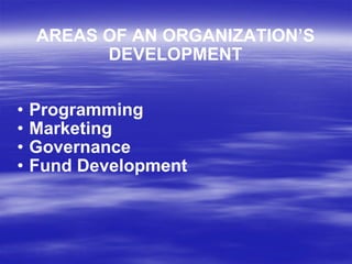 AREAS OF AN ORGANIZATION’S DEVELOPMENT Programming Marketing Governance Fund Development 