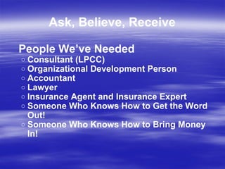 Ask, Believe, Receive People We’ve Needed Consultant (LPCC) Organizational Development Person Accountant Lawyer Insurance Agent and Insurance Expert  Someone Who Knows How to Get the Word Out! Someone Who Knows How to Bring Money In! 