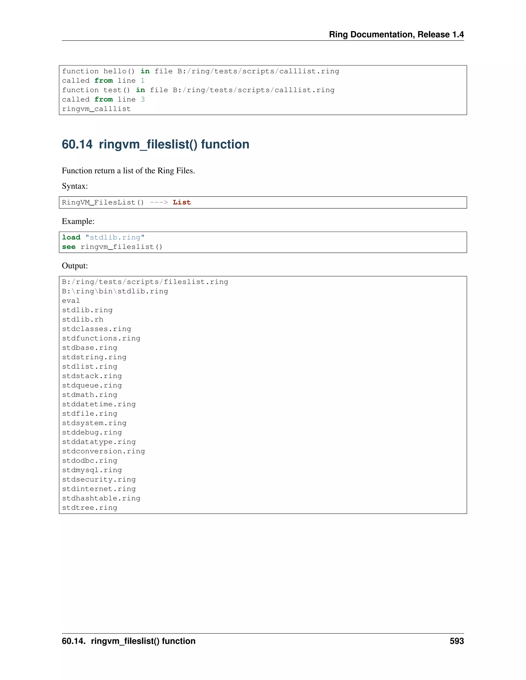 Ring Documentation, Release 1.4
function hello() in file B:/ring/tests/scripts/calllist.ring
called from line 1
function test() in file B:/ring/tests/scripts/calllist.ring
called from line 3
ringvm_calllist
60.14 ringvm_ﬁleslist() function
Function return a list of the Ring Files.
Syntax:
RingVM_FilesList() ---> List
Example:
load "stdlib.ring"
see ringvm_fileslist()
Output:
B:/ring/tests/scripts/fileslist.ring
B:ringbinstdlib.ring
eval
stdlib.ring
stdlib.rh
stdclasses.ring
stdfunctions.ring
stdbase.ring
stdstring.ring
stdlist.ring
stdstack.ring
stdqueue.ring
stdmath.ring
stddatetime.ring
stdfile.ring
stdsystem.ring
stddebug.ring
stddatatype.ring
stdconversion.ring
stdodbc.ring
stdmysql.ring
stdsecurity.ring
stdinternet.ring
stdhashtable.ring
stdtree.ring
60.14. ringvm_ﬁleslist() function 593
 