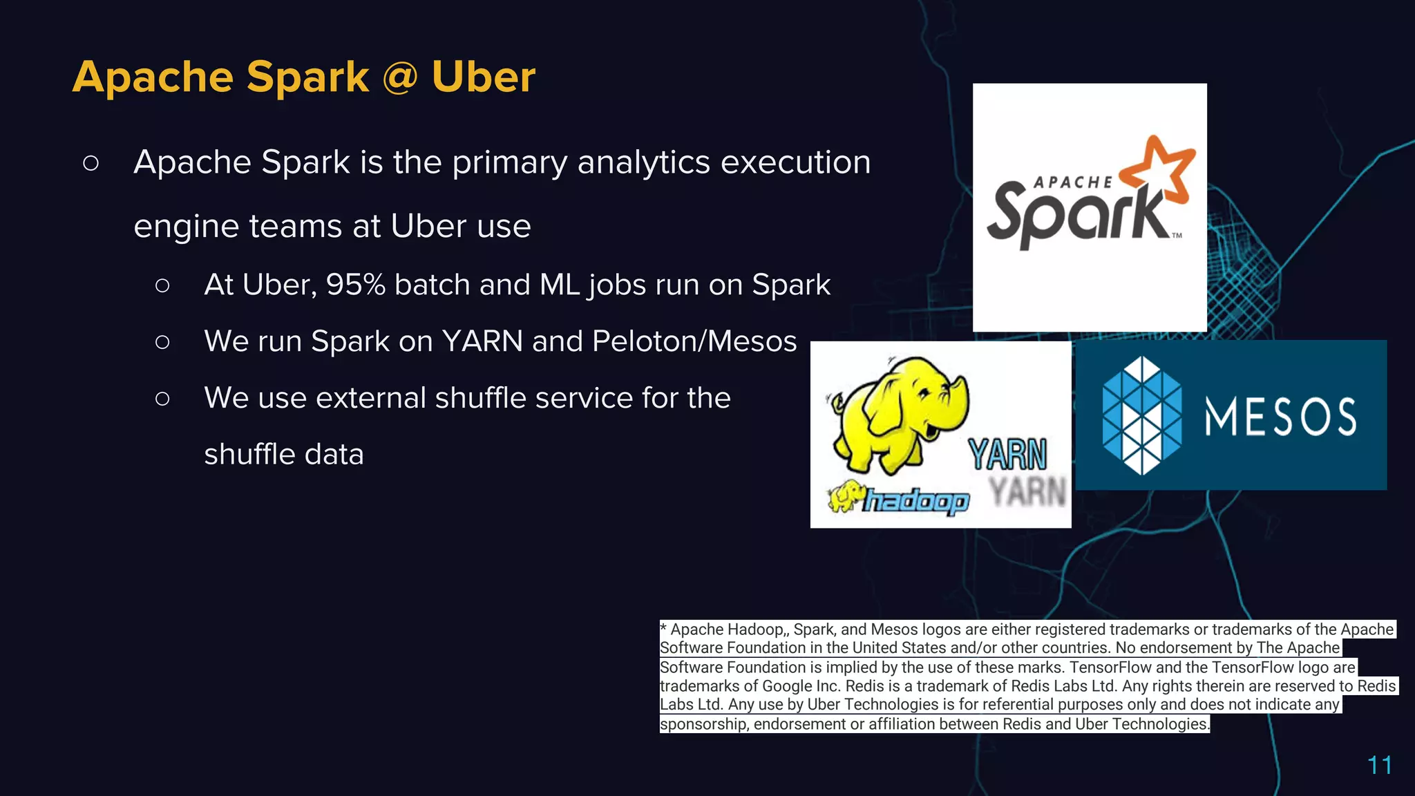 Edit or delete footer text in Master ipsandella doloreium dem isciame ndaestia nessed
quibus aut hiligenet ut ea debisci eturiate poresti vid min core, vercidigent.
○ Apache Spark is the primary analytics execution
engine teams at Uber use
○ At Uber, 95% batch and ML jobs run on Spark
○ We run Spark on YARN and Peloton/Mesos
○ We use external shuffle service for the
shuffle data
Apache Spark @ Uber
11
* Apache Hadoop,, Spark, and Mesos logos are either registered trademarks or trademarks of the Apache
Software Foundation in the United States and/or other countries. No endorsement by The Apache
Software Foundation is implied by the use of these marks. TensorFlow and the TensorFlow logo are
trademarks of Google Inc. Redis is a trademark of Redis Labs Ltd. Any rights therein are reserved to Redis
Labs Ltd. Any use by Uber Technologies is for referential purposes only and does not indicate any
sponsorship, endorsement or affiliation between Redis and Uber Technologies.
 