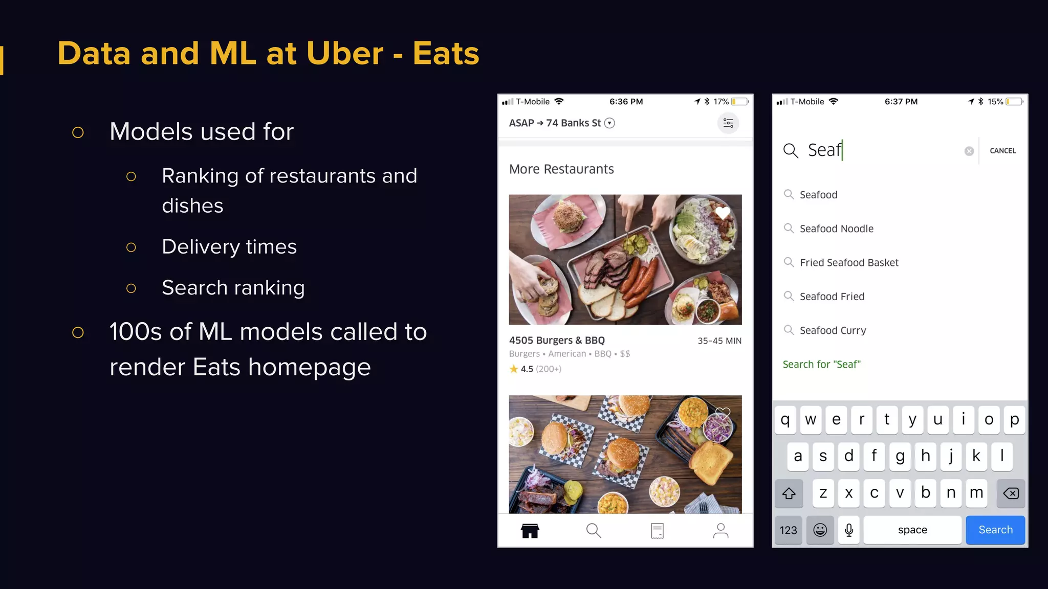 Data and ML at Uber - Eats
○ Models used for
○ Ranking of restaurants and
dishes
○ Delivery times
○ Search ranking
○ 100s of ML models called to
render Eats homepage
 
