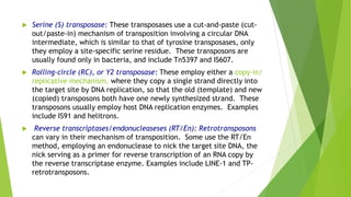  Serine (S) transposase: These transposases use a cut-and-paste (cut-
out/paste-in) mechanism of transposition involving a circular DNA
intermediate, which is similar to that of tyrosine transposases, only
they employ a site-specific serine residue. These transposons are
usually found only in bacteria, and include Tn5397 and IS607.
 Rolling-circle (RC), or Y2 transposase: These employ either a copy-in/
replicative mechanism, where they copy a single strand directly into
the target site by DNA replication, so that the old (template) and new
(copied) transposons both have one newly synthesized strand. These
transposons usually employ host DNA replication enzymes. Examples
include IS91 and helitrons.
 Reverse transcriptases/endonucleaseses (RT/En): Retrotransposons
can vary in their mechanism of transposition. Some use the RT/En
method, employing an endonuclease to nick the target site DNA, the
nick serving as a primer for reverse transcription of an RNA copy by
the reverse transcriptase enzyme. Examples include LINE-1 and TP-
retrotransposons.
 