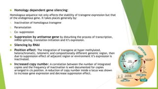  Homology dependent gene silencing:
Homologous sequence not only affects the stability of transgene expression but that
of the endogenous gene. It takes places generally by:
1. Inactivation of homologous transgene
2. Paramutation
3. Co- suppression
 Suppression by antisense gene by disturbing the process of transcription,
mRNA splicing, translation initiation and it’s expression.
 Silencing by RNAi
 Position effect: The integration of transgene at hyper methylated,
heterochromatic, telomeric and compositionally different genomic region, then
due to suppression effect of adjacent region or environment it’s expression is
inactivated.
 Increased copy number: A correlation between the number of integrated
copies and the frequency of inactivation is well documented for copies
arranged in cis position. A reduction of copy number inside a locus was shown
to increase gene expression and decrease suppression effect.
 