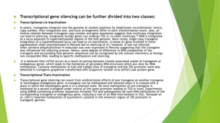  Transcriptional gene silencing can be further divided into two classes:
 Transcriptional cis Inactivation
 In plants, transgenes integrate into the genome at random positions by illegitimate recombination; hence,
copy number, their integration site, and local arrangement differ in each transformation event. Also, an
inverse relation between transgene copy number and gene expression suggests that multicopy integration
can lead to silencing. Integrated foreign genes can undergo TGS in cis when multicopy T-DNA is integrated
at a locus adjacent to hypermethylated regions of the host genome. More rarely, single copy transgene
integration at a hypomethylated locus can lead to cis inactivation. A maize A1 gene involved in floral
pigmentation when overexpressed in Petunia led to silencing of A1; however, it was not silenced
when Gerbera dihydroflavonol-4-reductase was over expressed in Petunia suggesting that the transgene
also influenced the silencing process. Hence, some degree of difference in DNA composition of the
transgene and surrounding host genomic sequences can be recognized by the cellular machinery as foreign
non-compatible DNA, leading to specific methylation and silencing.
 It is believed that cisTGS occurs as a result of pairing between closely associated copies of transgenes or
endogenous genes, which leads to the formation of secondary DNA structures which are sites for DNA
methylation. Cytosine methylation at CpG and CpNpG sites of transgene and the 35S promoter were also
detected in transgenic grapevine transformed with Grapevine fanleaf virus (GFLV) coat protein gene.
 Transcriptional Trans-Inactivation
 Transcriptional gene silencing can result from unidirectional effects of one transgene on another transgene
or homologous endogenous gene. A transgene can be methylated and silenced when it is crossed with a
plant in which the homologous gene is in a silenced state. De novo methylation of one transgene is
mediated by a second transgene under control of the same promoter leading to TGS in trans. Experiments
using dsRNA-containing promoter sequences initiated TGS and subsequently de novo DNA methylation of the
corresponding transgene or endogenous gene, implying a role of an RNA intermediate in TGS. Yamasaki et
al. (2011) reported methylation of asymmetric cytosine in the enhancer region of 35S promoter in
transgenic gentian.
 