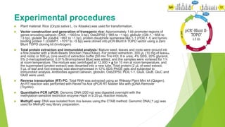 Experimental procedures
 Plant material: Rice (Oryza sativa L. cv. Kitaake) was used for transformation.
 Vector construction and generation of transgenic rice: Approximately 1‐kb promoter regions of
genes encoding calnexin (CNX, −1003 to 3 bp), OsbZIP50 (−965 to −1 bp), globulin (Glb‐1, −858 to
−3 bp), glutelin B4 (GluB4, −997 to −1 bp), protein disulphide isomerase like 1‐1 (PDIL1‐1) and luminal
binding protein 1 (OsBiP1, −1017 to −5 bp) were cloned into pCR‐Blunt II‐TOPO vector using a Zero
Blunt TOPO cloning kit (Invitrogen)
 Total protein extraction and immunoblot analysis: Mature seed, leaves and roots were ground into
a fine powder with a Multi‐Beads Shocker (Yasui Kikai). For protein extraction, 300 μL (10 mg of leaves
and roots) or 500 μL (one seed) of extraction buffer [50 mM Tris‐HCl, 8 M urea, 4% SDS, 20% glycerol,
5% 2‐mercaptoethanol, 0.01% Bromophenol Blue] was added, and the samples were vortexed for 1 h
at room temperature. The mixture was centrifuged at 12,000 × g for 10 min at room temperature, and
the supernatant (protein extract) was decanted into a new tube. Total protein (2 μL of seed extract,
5 μL of leaf and root extracts) was electrophoresed in 12% SDS‐PAGE gels and subjected to
immunoblot analysis. Antibodies against calnexin, globulin, OsbZIP50, PDIL1‐1, GluA, GluB, GluC and
GluD were used.
 Reverse transcription (RT)‐PC: Total RNA was extracted using an RNeasy Plant Mini kit (Qiagen).
An RT reaction was performed with ReverTra Ace qPCR RT Master Mix with gDNA Remover
(Toyobo).
 Quantitative PCR (qPCR: Genomic DNA (200 ng) was digested overnight with the
methylation‐sensitive restriction enzyme HapII in a 20‐μL reaction mixture.
 MethylC‐seq: DNA was isolated from rice leaves using the CTAB method. Genomic DNA (1 μg) was
used for MethylC‐seq library preparation.
 