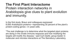The First Plant Interactome
Protein interaction networks in
Arabidopsis give clues to plant evolution
and immunity.
In the first study, Braun and colleagues expressed
8,000 Arabidopsis proteins—representing 30 percent of the plant’s
protein-coding genes—in yeast cells.
“The real challenge is to determine what the targeted plant proteins
are doing in the innate immune response and how modifying the
targets will modify the disease,” said Cyril Zipfel, group leader in
molecular and microbe interactions at The Sainsbury Laboratory.
 